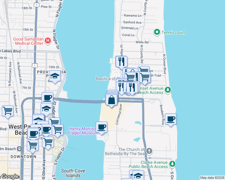 map of restaurants, bars, coffee shops, grocery stores, and more near 333 Sunset Avenue in Palm Beach