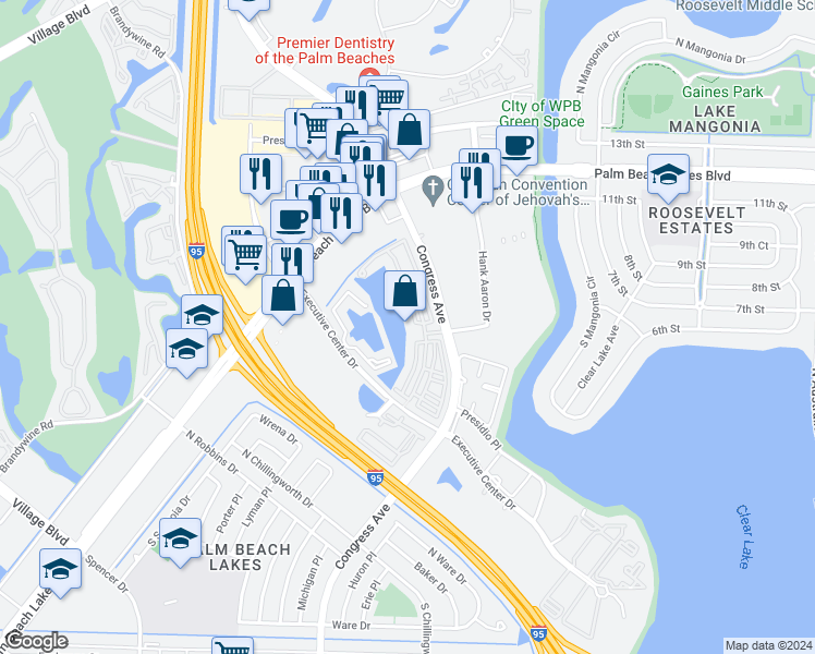 map of restaurants, bars, coffee shops, grocery stores, and more near 833 Millbrae Court in West Palm Beach