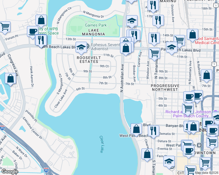 map of restaurants, bars, coffee shops, grocery stores, and more near 1331 6th Street in West Palm Beach