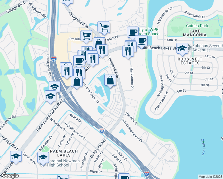 map of restaurants, bars, coffee shops, grocery stores, and more near 767 Millbrae Court in West Palm Beach