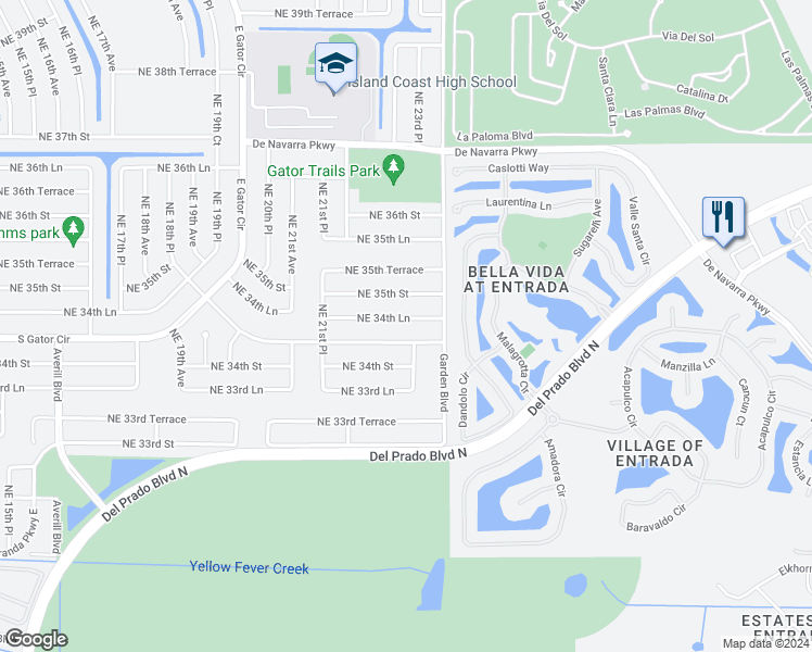 map of restaurants, bars, coffee shops, grocery stores, and more near 2310 Northeast 34th Lane in Cape Coral