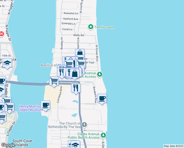 map of restaurants, bars, coffee shops, grocery stores, and more near 130 Sunrise Avenue in Palm Beach