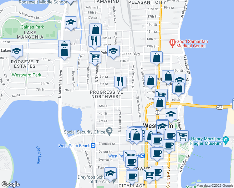map of restaurants, bars, coffee shops, grocery stores, and more near 711 Division Avenue in West Palm Beach