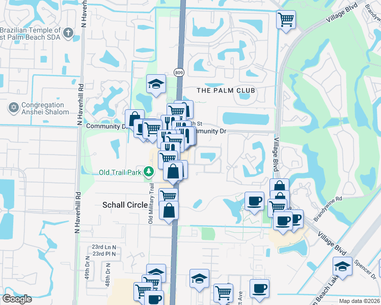 map of restaurants, bars, coffee shops, grocery stores, and more near 4399 Woodstock Drive in West Palm Beach