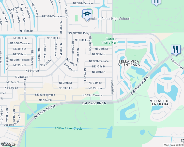 map of restaurants, bars, coffee shops, grocery stores, and more near 2204 Northeast 34th Lane in Cape Coral