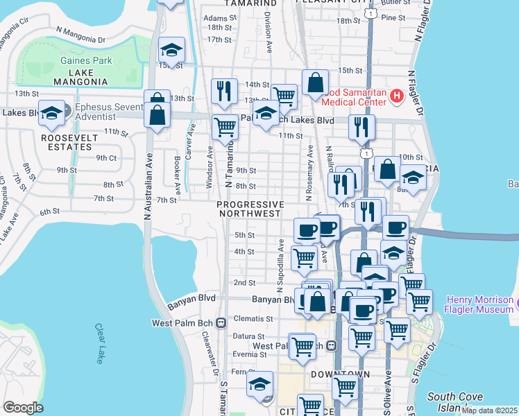 map of restaurants, bars, coffee shops, grocery stores, and more near 711 Division Avenue in West Palm Beach