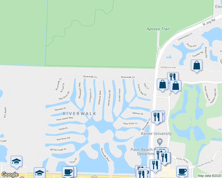 map of restaurants, bars, coffee shops, grocery stores, and more near 2766 James River Road in West Palm Beach