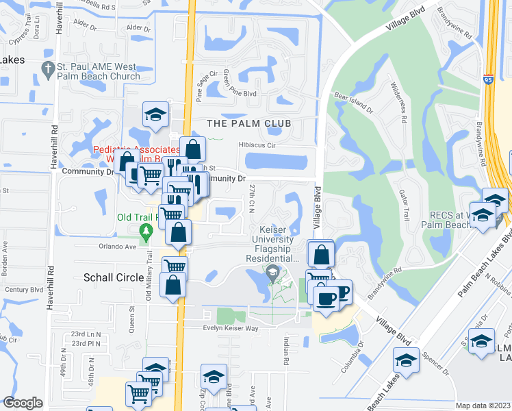 map of restaurants, bars, coffee shops, grocery stores, and more near 7 27th Court North in West Palm Beach