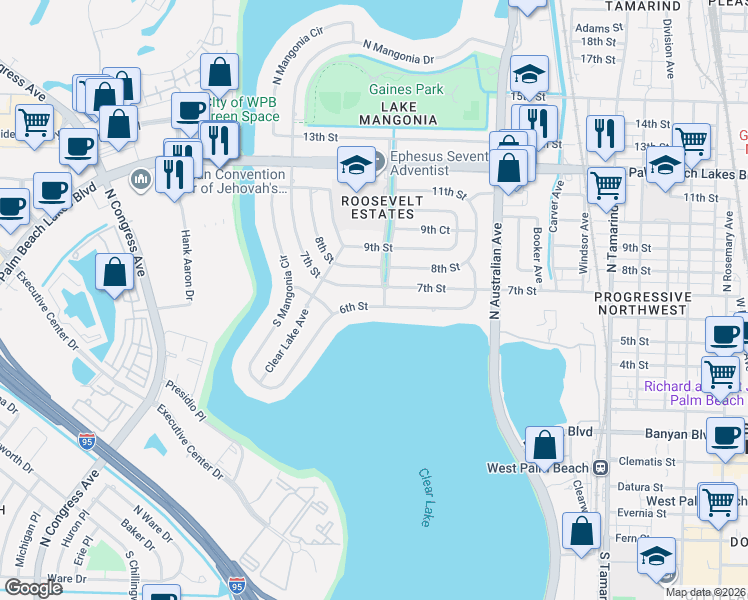 map of restaurants, bars, coffee shops, grocery stores, and more near 1397 6th Street in West Palm Beach