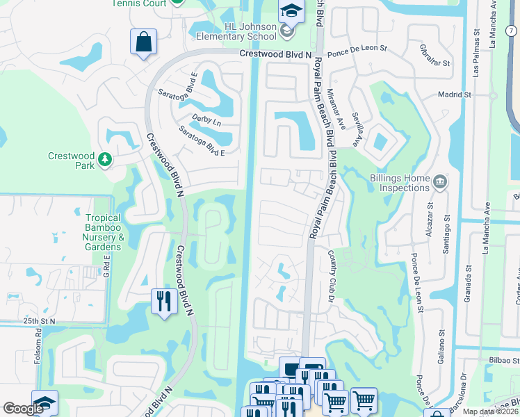 map of restaurants, bars, coffee shops, grocery stores, and more near 172 Royal Pine Circle West in Royal Palm Beach