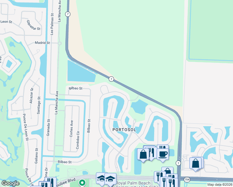 map of restaurants, bars, coffee shops, grocery stores, and more near 2396 Bellarosa Circle in Royal Palm Beach