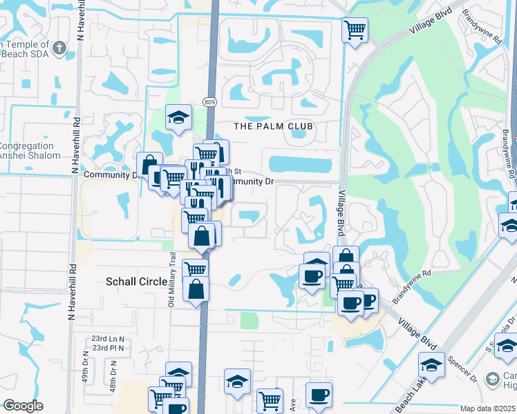map of restaurants, bars, coffee shops, grocery stores, and more near 4365 Woodstock Drive in West Palm Beach