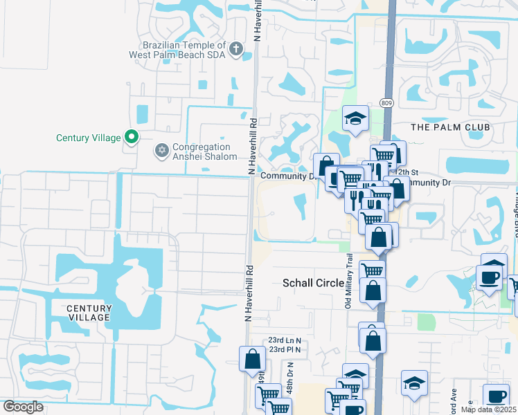map of restaurants, bars, coffee shops, grocery stores, and more near Tennis Club Drive in West Palm Beach