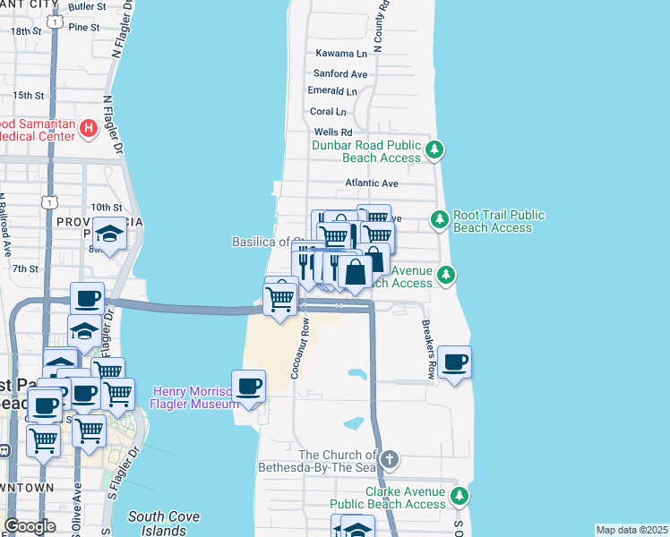 map of restaurants, bars, coffee shops, grocery stores, and more near 135 Bradley Place in Palm Beach