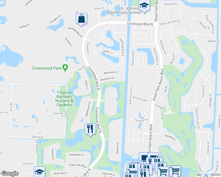map of restaurants, bars, coffee shops, grocery stores, and more near 2160 Bellcrest Circle in Royal Palm Beach