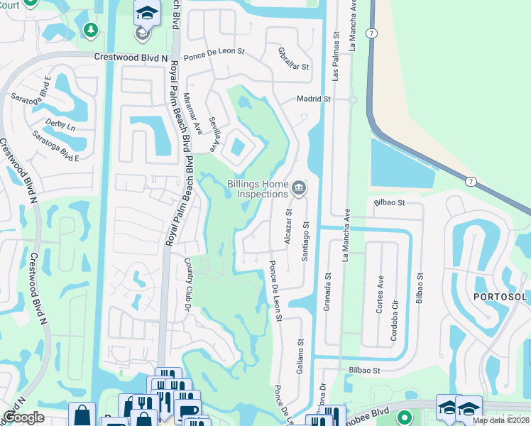 map of restaurants, bars, coffee shops, grocery stores, and more near 188 Ponce De Leon Street in Royal Palm Beach