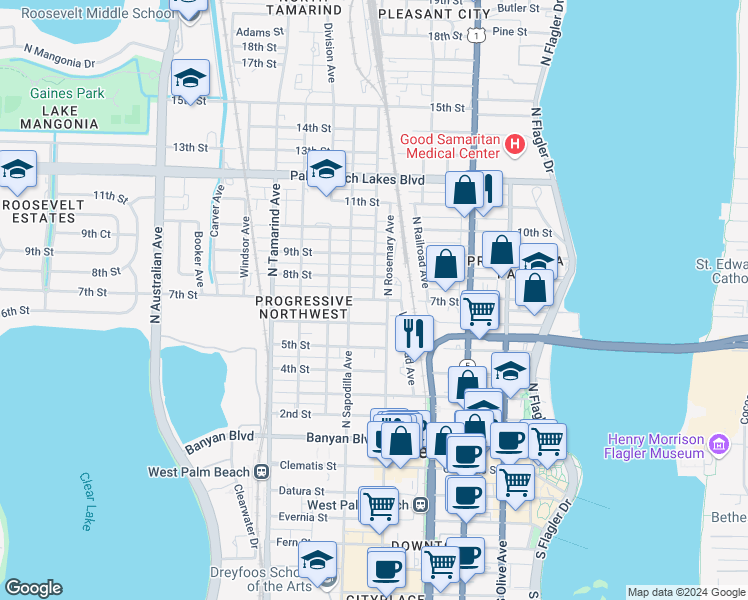 map of restaurants, bars, coffee shops, grocery stores, and more near 630 7th Street in West Palm Beach