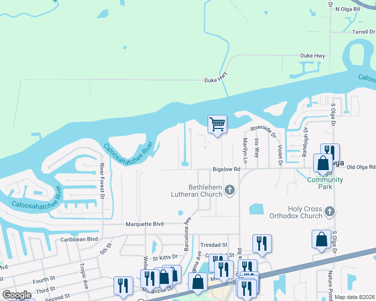 map of restaurants, bars, coffee shops, grocery stores, and more near 2263 Queen Anne Drive in Fort Myers