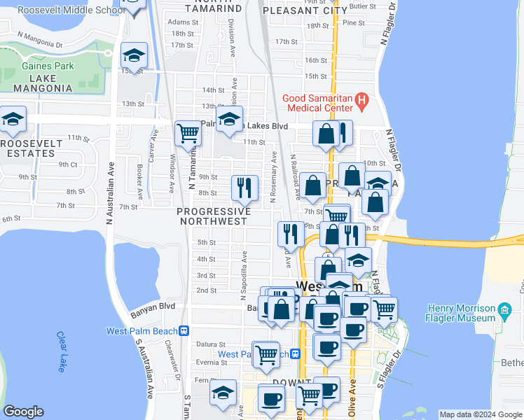 map of restaurants, bars, coffee shops, grocery stores, and more near 630 7th Street in West Palm Beach