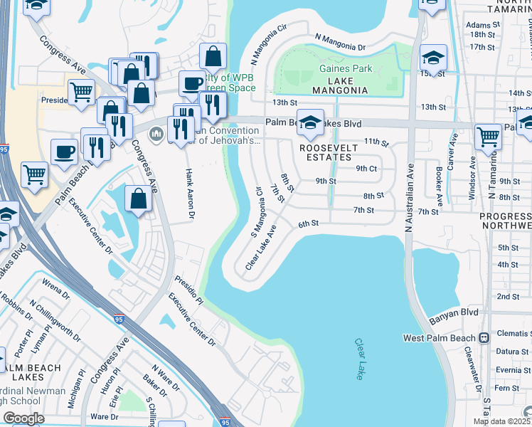 map of restaurants, bars, coffee shops, grocery stores, and more near 639 South Mangonia Circle in West Palm Beach