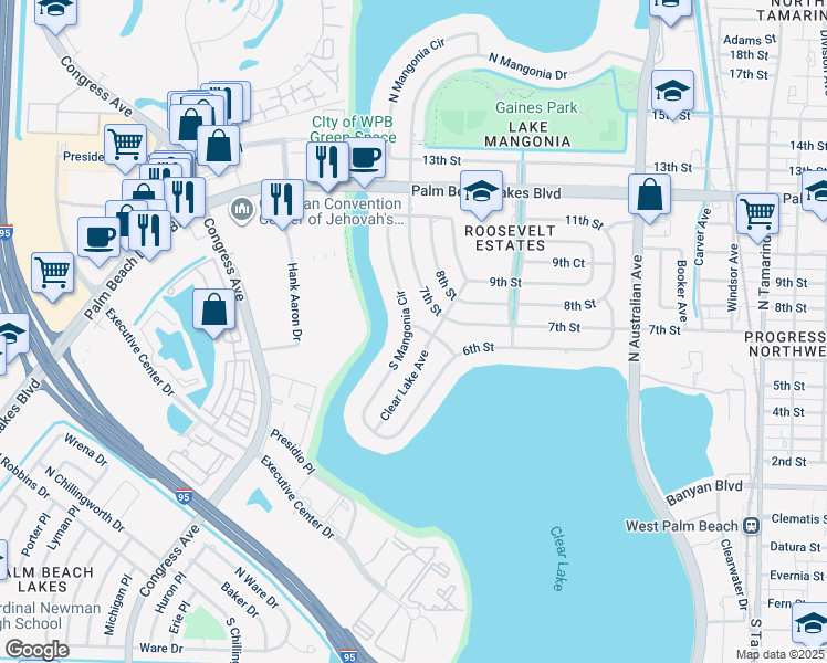 map of restaurants, bars, coffee shops, grocery stores, and more near 639 South Mangonia Circle in West Palm Beach