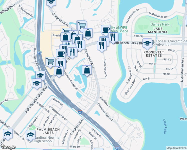 map of restaurants, bars, coffee shops, grocery stores, and more near 750 Millbrae Court in West Palm Beach
