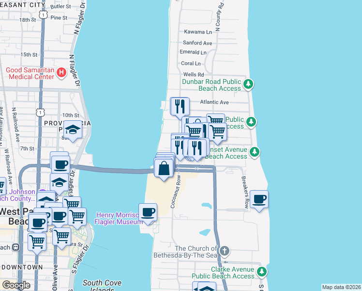 map of restaurants, bars, coffee shops, grocery stores, and more near 333 Sunset Avenue in Palm Beach