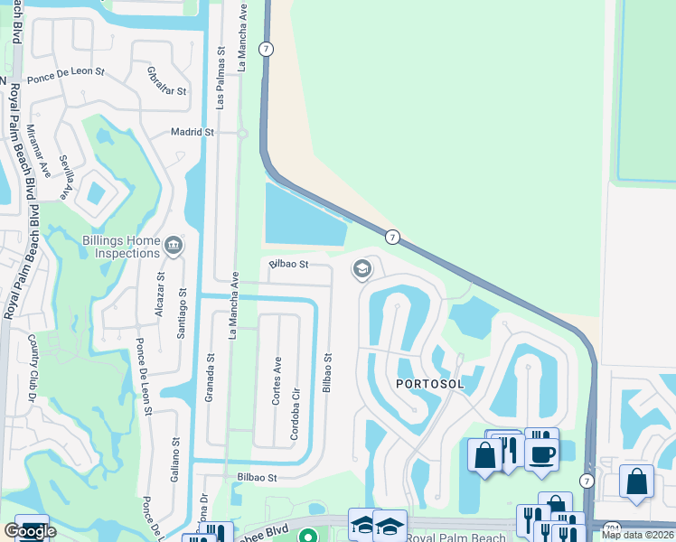map of restaurants, bars, coffee shops, grocery stores, and more near 215 Bilbao Street in Royal Palm Beach