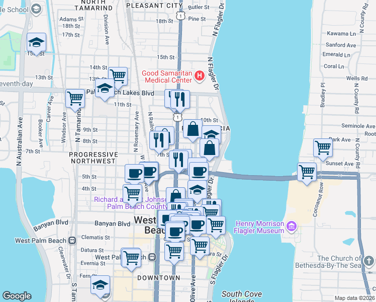 map of restaurants, bars, coffee shops, grocery stores, and more near 312 Eucalyptus Street in West Palm Beach