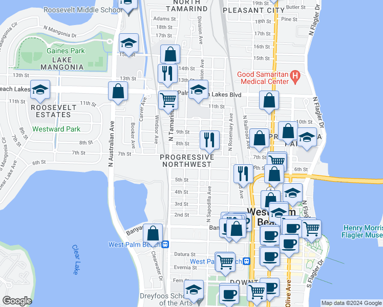 map of restaurants, bars, coffee shops, grocery stores, and more near 813 7th Street in West Palm Beach