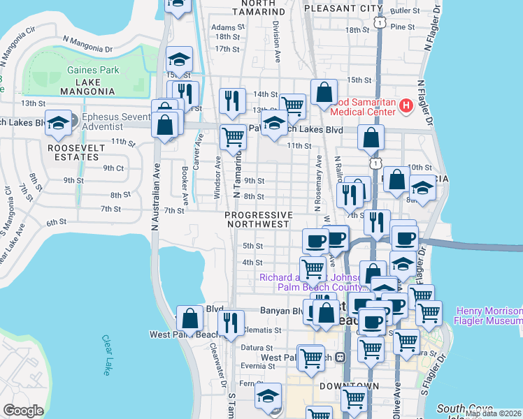 map of restaurants, bars, coffee shops, grocery stores, and more near 817 7th Street in West Palm Beach