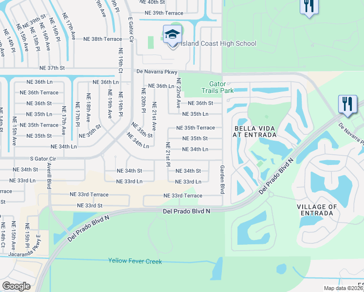 map of restaurants, bars, coffee shops, grocery stores, and more near 2204 Northeast 34th Lane in Cape Coral