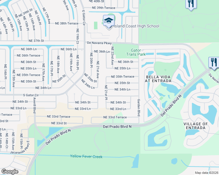 map of restaurants, bars, coffee shops, grocery stores, and more near 3424 Northeast 21st Place in Cape Coral