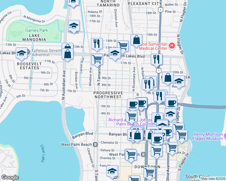 map of restaurants, bars, coffee shops, grocery stores, and more near 807 7th Street in West Palm Beach