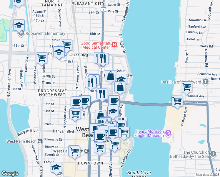 map of restaurants, bars, coffee shops, grocery stores, and more near 312 Eucalyptus Street in West Palm Beach