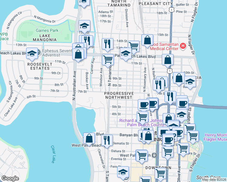 map of restaurants, bars, coffee shops, grocery stores, and more near 911 7th Street in West Palm Beach