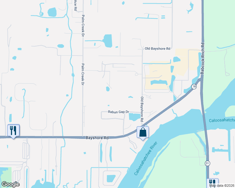 map of restaurants, bars, coffee shops, grocery stores, and more near 17611 Old Bayshore Road in North Fort Myers