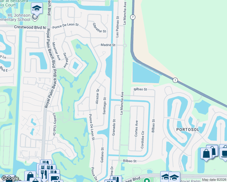map of restaurants, bars, coffee shops, grocery stores, and more near 242 Las Palmas Street in Royal Palm Beach
