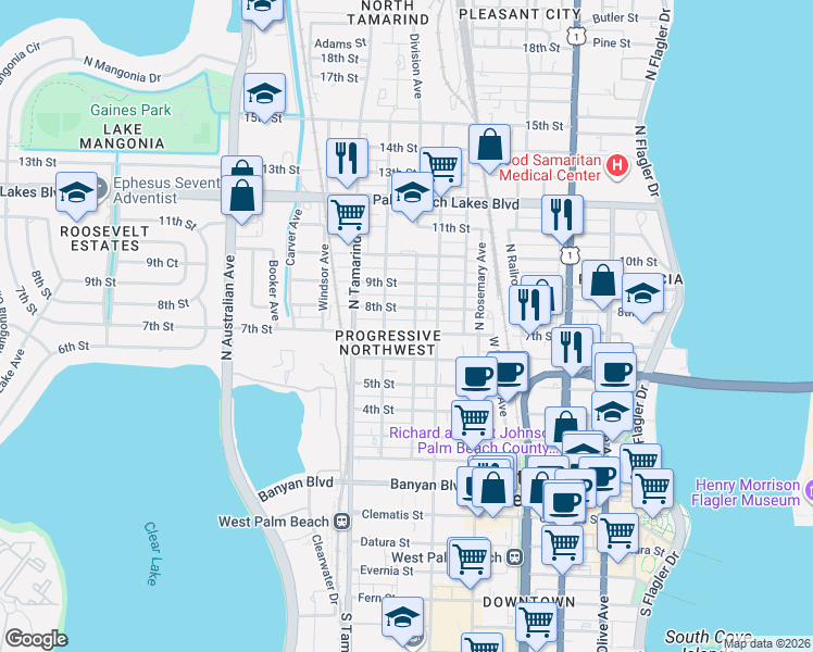 map of restaurants, bars, coffee shops, grocery stores, and more near 711 Division Avenue in West Palm Beach