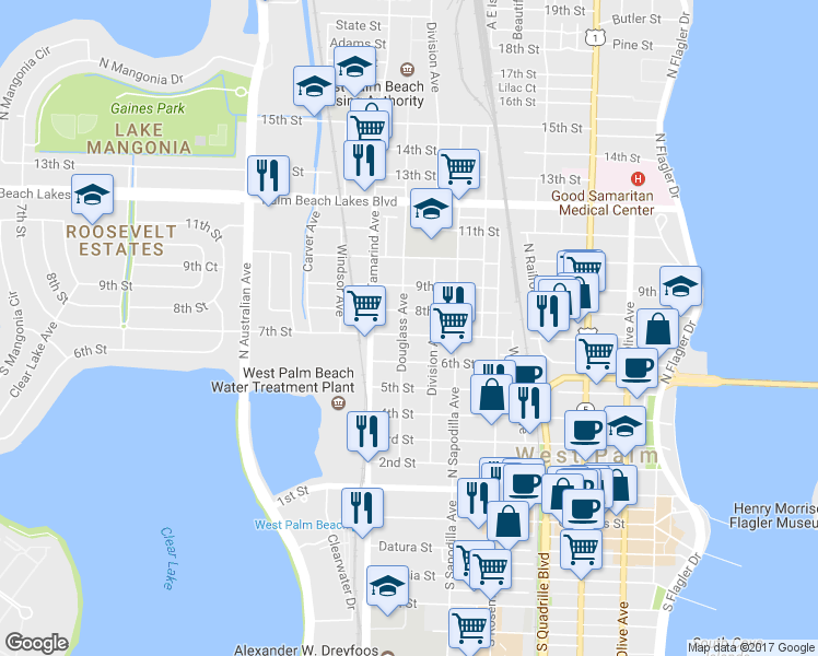 map of restaurants, bars, coffee shops, grocery stores, and more near in West Palm Beach