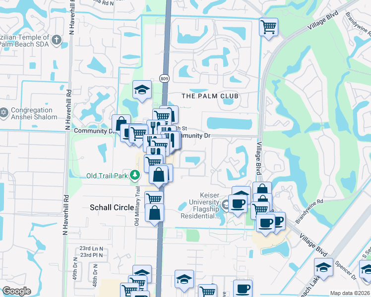 map of restaurants, bars, coffee shops, grocery stores, and more near 4383 Woodstock Drive in West Palm Beach