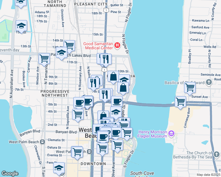 map of restaurants, bars, coffee shops, grocery stores, and more near 312 Eucalyptus Street in West Palm Beach
