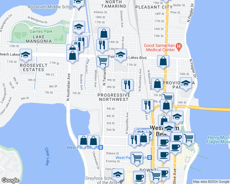 map of restaurants, bars, coffee shops, grocery stores, and more near in West Palm Beach