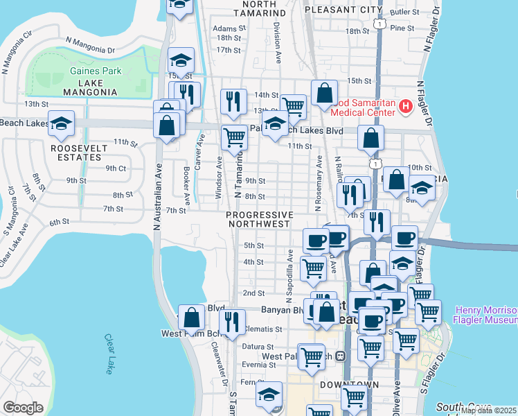 map of restaurants, bars, coffee shops, grocery stores, and more near in West Palm Beach