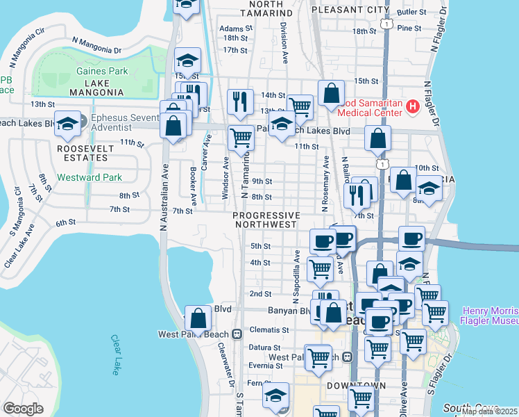 map of restaurants, bars, coffee shops, grocery stores, and more near in West Palm Beach