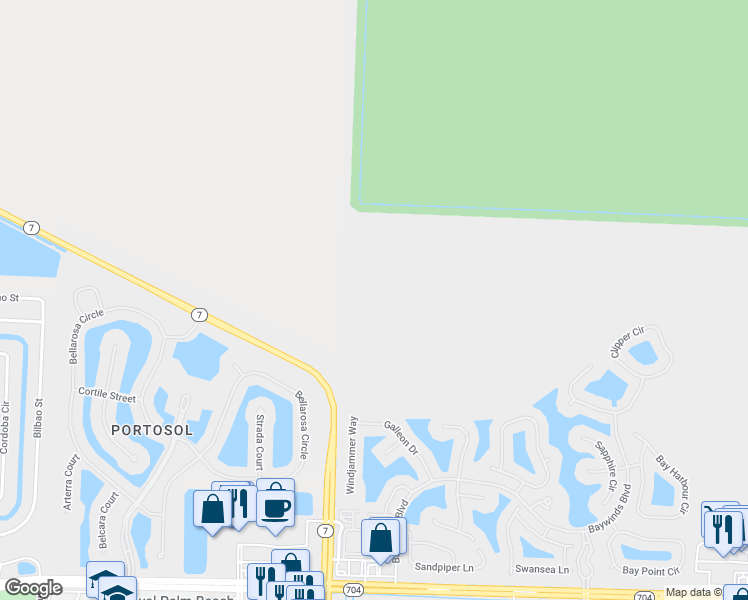 map of restaurants, bars, coffee shops, grocery stores, and more near Highway 7 in Royal Palm Beach