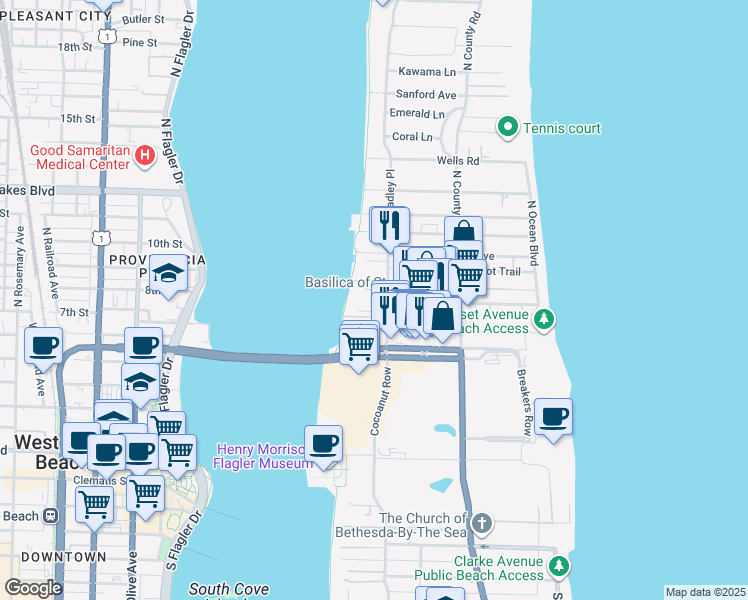 map of restaurants, bars, coffee shops, grocery stores, and more near in Palm Beach