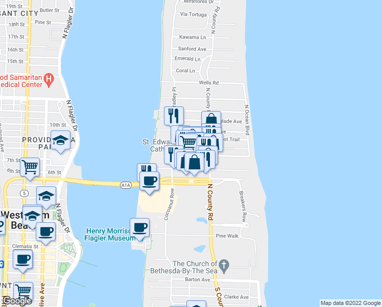 map of restaurants, bars, coffee shops, grocery stores, and more near 255 Park Avenue in Palm Beach