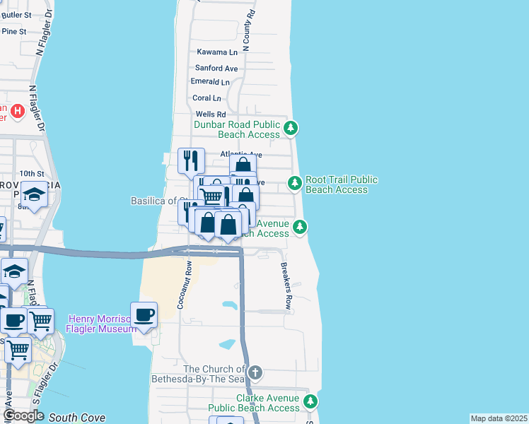 map of restaurants, bars, coffee shops, grocery stores, and more near 151 Grace Trail in Palm Beach