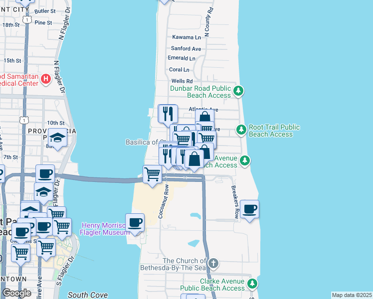 map of restaurants, bars, coffee shops, grocery stores, and more near 255 Park Avenue in Palm Beach